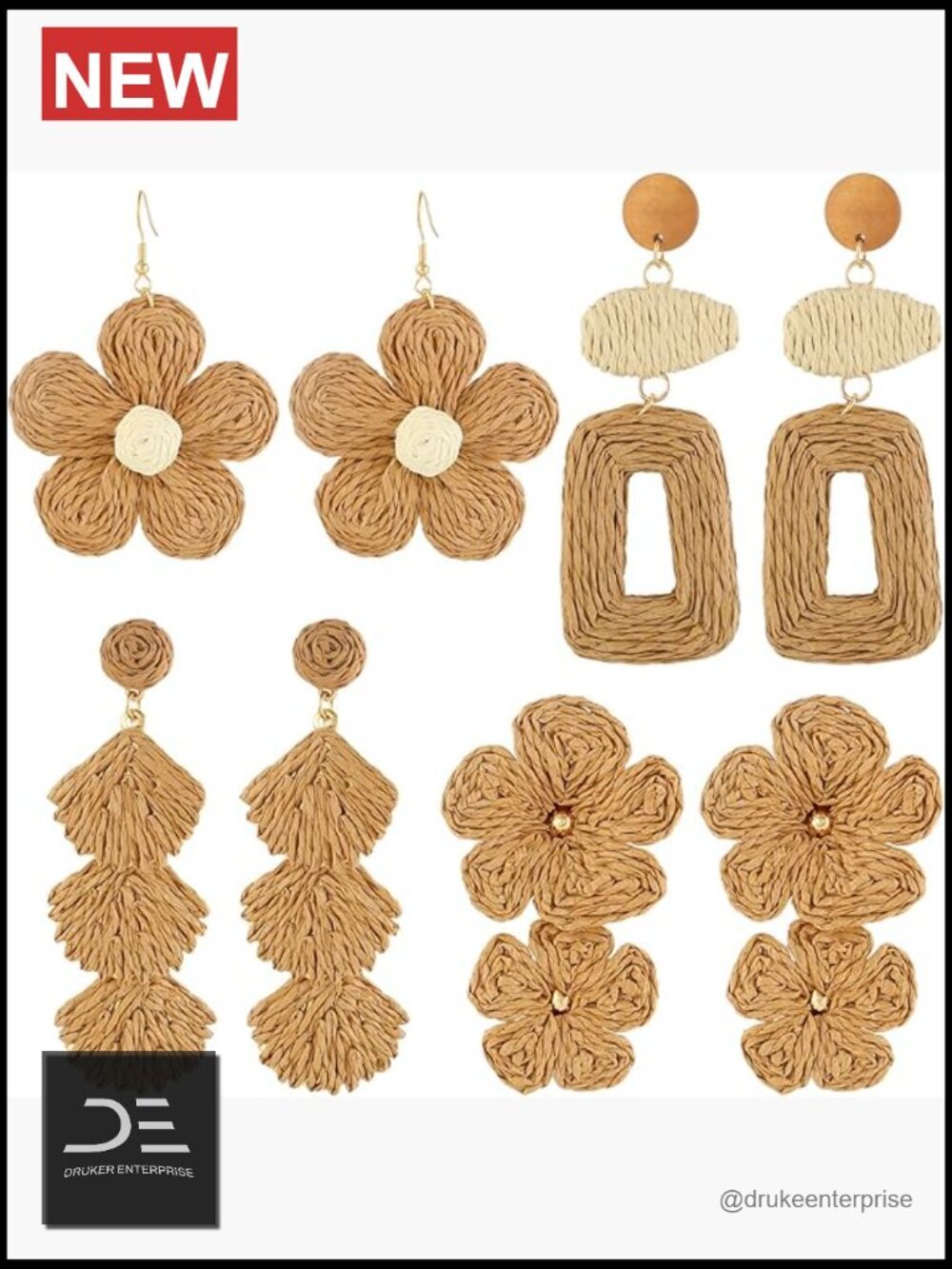 4 Pairs Handmade Boho Rattan Dangle Drop Earrings Set